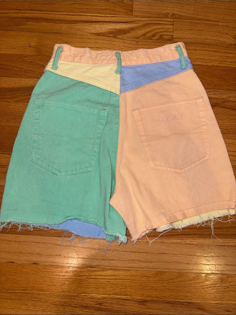 NAF NAF Pastel Colorblock High-Waist Denim Shorts - Yellow, Blue, Mint, Pink - Picture 5 of 5